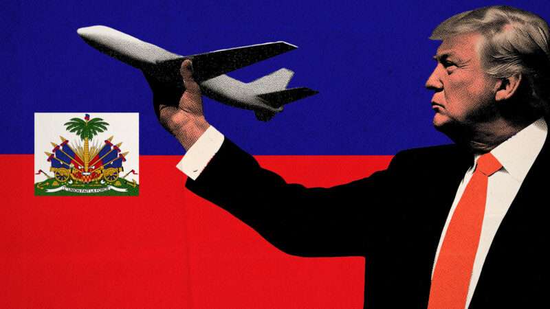 President Donald Trump holding an airplane with the flag of Haiti in the background | Illustration: Ylivdesign/Dreamstime/Midjourney
