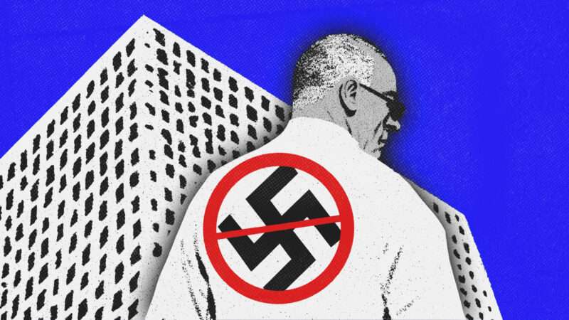 A man wears a shirt with a swastika on the back, with a circle and a line through it. | Illuatration: Midjourney