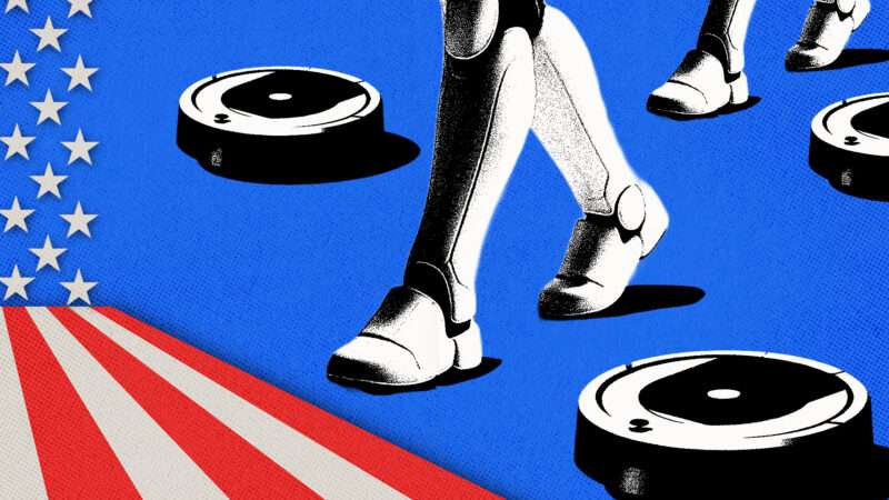 Robots and robot vacuums, and the U.S. flag | Photo: Elena Karetnikova/Dreamstime. Illustration: Midjourney, Fatima Ruiz.