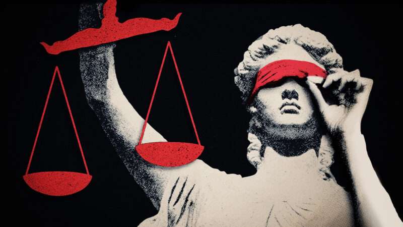 Lady Justice peeks out from under her blindfold. | Vladimirfloyd/Dreamstime. Illustration: Fatima Ruiz/Midjourney