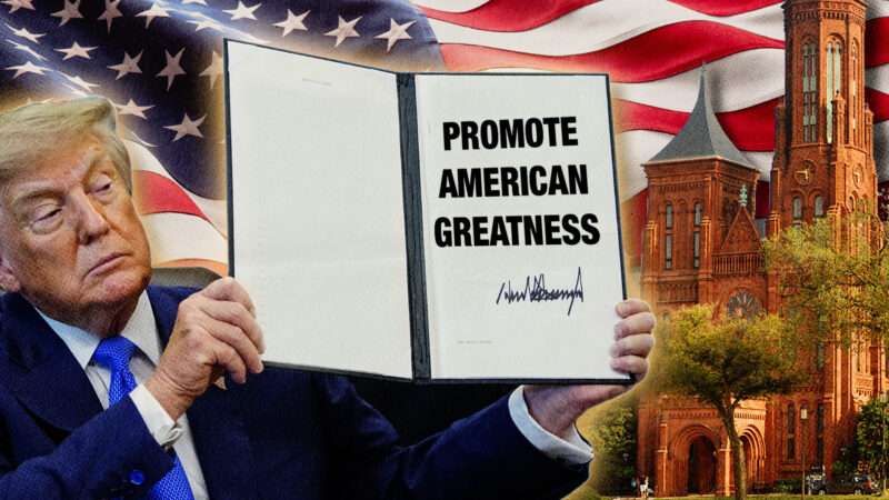 An illustration of Donald Trump holding up an executive order that says 