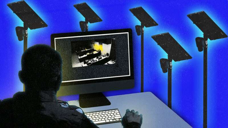An unseen figure monitors a screen with Flock license plate readers in the background. | Illustration: Paul Weaver/ZUMAPRESS/Newscom/Midjourney