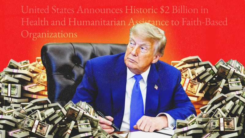 A red background with gold lettering, Trump sitting in a chair in the foreground surround by stacks of American money | U.S. Department of State/Sipa USA/Newscom/Digitalstormcinema/Dreamstime
