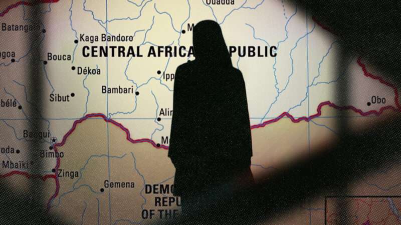 A silhouette of a woman in front of a map of the Central African Republic | Illustration: Adani Samat/Midjourney/Encyclopedia Britannica