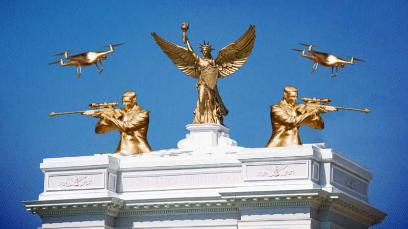 A golden angel and golden snipers sit on top of a marble pillar with golden drones above them | Jen Golbeck/ZUMAPRESS/Newscom/Midjourney.