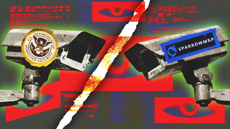Collage of two security cameras facing each other across a torn diagonal line, one with a Homeland Security seal and one labeled "SparrowMap." | Illustration: Department of Homeland Security/Sparrow Map/Midjourney