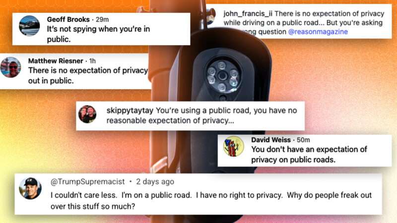 A Flock camera surrounded by screenshots of Instagram comments saying there's no expectation of privacy in public | Image: MiracleMiles/Wikimedia Commons. Illustration: Adani Samat