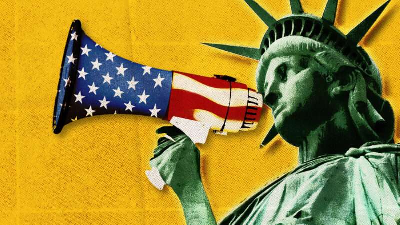 The Statue of Liberty holds a megaphone with the American flag on it against a yellow background | Photo: Anthony Villalon/Vchalup/Martijn De Vries/Dreamstime. Illustration: Fatima Ruiz