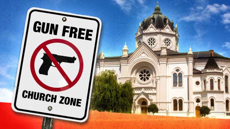 "Gun Free Church Zone" sign in front of a house of worship | Chaturon Kaikaew/Attila Jandi/Allen Graham/Eric Highfield/Dreamstime