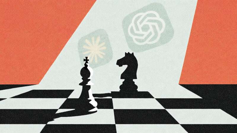Chess pieces on a chessboard with AI logos in the background | Illustration: Andre M. Chang/ZUMAPRESS/Newscom/Midjourney