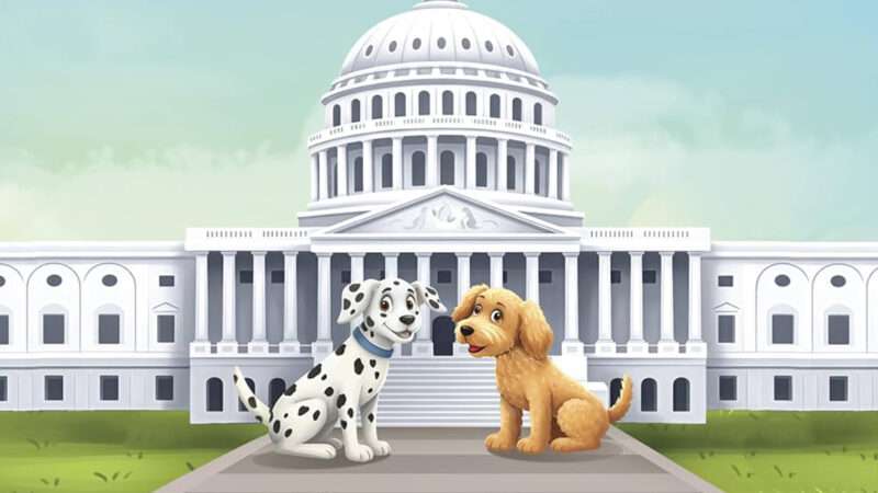 A children's book illustration of two dogs in front of the U.S. Capitol | Voices of Tomorrow Press