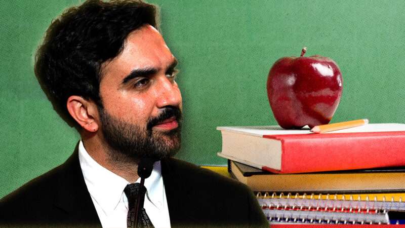 Zohran Mamdani against a green background, an apple sits on a stack of books next to him | Photo: Kyle Mazza-UNF News via CNP/Polaris/Newscom/Michael Flippo/Dreamstime.