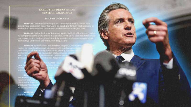 Gavin Newsom stands in front of a podium, white text is across the background | Illustration: Daniel Heuer/TNS/Newscom/State of California Executive Department  Photo: Weston Hancock/Sipa USA/Newscom