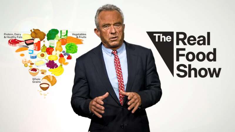 Robert F. Kennedy alongside a nutrition chart and a logo for his show 'The Real Food Show' | Secretary Robert F. Kennedy, Jr. YouTube