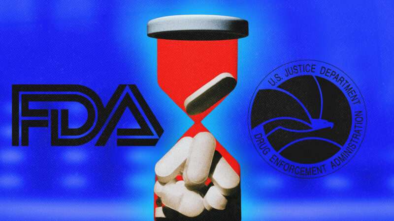 A pill bottle in the shape of an hourglass, placed between the FDA and DEA logos | Federal Drug Administration/Drug Enforcement Agency/Rud/Dreamstime/Midjourney