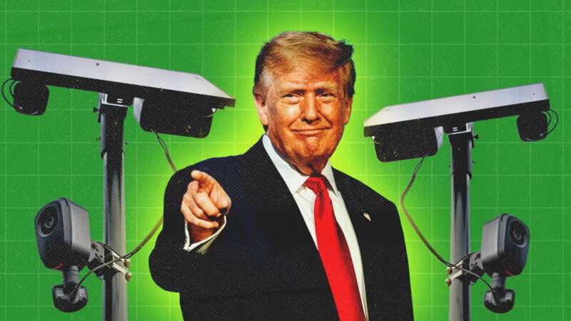 President Donald Trump between two Flock Safety automated license plate readers | Illustration: Matt Kaminsky/ZUMAPRESS/David Pashaee/Middle East Images/StringersHub/Sipa USA/Newscom