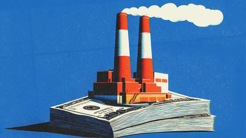 An illustration of a power plant sitting on top of a stack of cash against a blue background | Illustration: Midjourney