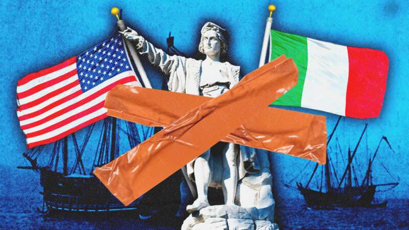 American and Italian flag, with a statue of Christopher Columbus between them | E. Benjamin Andrews/Wikimedia Commons/Roberto Lo Savio/Liskonogaleksey/Dreamstime