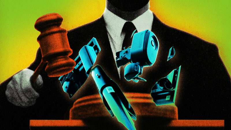 Illustration of a judge smashing a Flock camera with their gavel | Matt Kaminsky/ZUMAPRESS/Newscom/Midjourney.