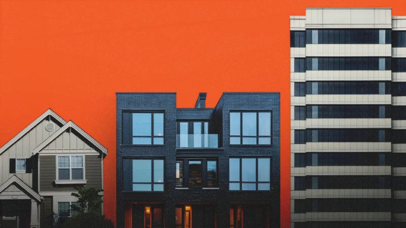 An orange background with different examples of housing types across it | Noah Strycker/Dreamstime/vad_7/18blackhunter822/rawpixel.com/Magnific/Mariam Zakaidze