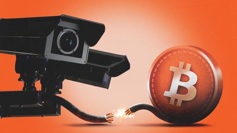 Surveillance cameras on the left and a bitcoin on the right, with the power cord severed | Kittipong Jirasukhanont/Dreamstime/Freepik/Magnific/Mariam Zakaidze