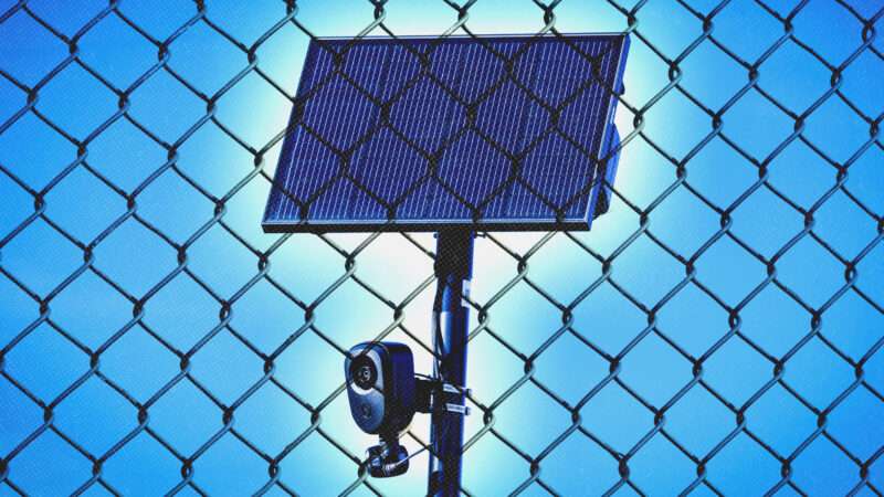 A Flock automated license plate reader on a pole with a solar panel, behind a fence. | Illustration: Feng Yu/Dreamstime/Charles McClintock Wilson/ZUMAPRESS/Newscom