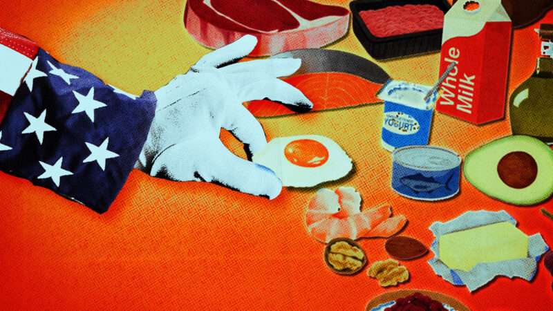 Gloved hand of Uncle Sam assembling food like eggs and yogurt on a table | 50jb/Dreamstime/USDA/HHS/Fatima Ruiz
