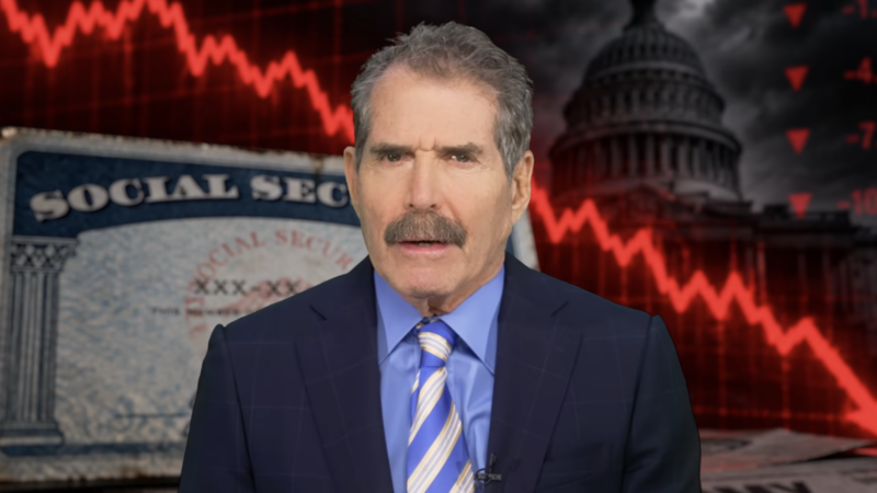John Stossel stands in front of a Social Security Card and the U.S. Capitol with a red downward arrow | Stossel TV