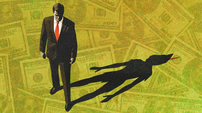A green tinted background of U.S. paper money with a businessman standing on it who has a shadow that looks like Peter Pan | Illustration: Patrick Bryk/Dreamstime./Midjourney