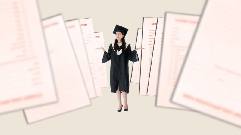 A woman in a cap and gown stands against a white background, with enlarged, photoshopped student loan papers beside her. | Illustration: Lex Villena; Photo 158651702 © Maksymiv7 | Dreamstime.com, Photo 106618145 © Chih Yuan Wu | Dreamstime.com