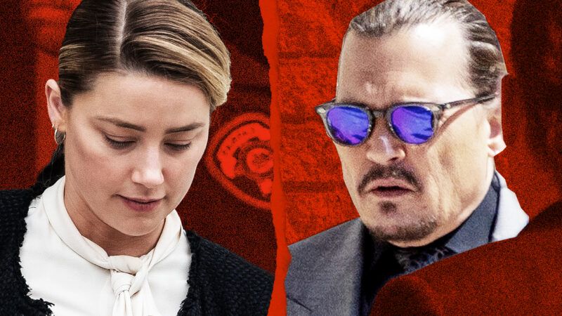 Johnny Depp and Amber Heard photos over red background