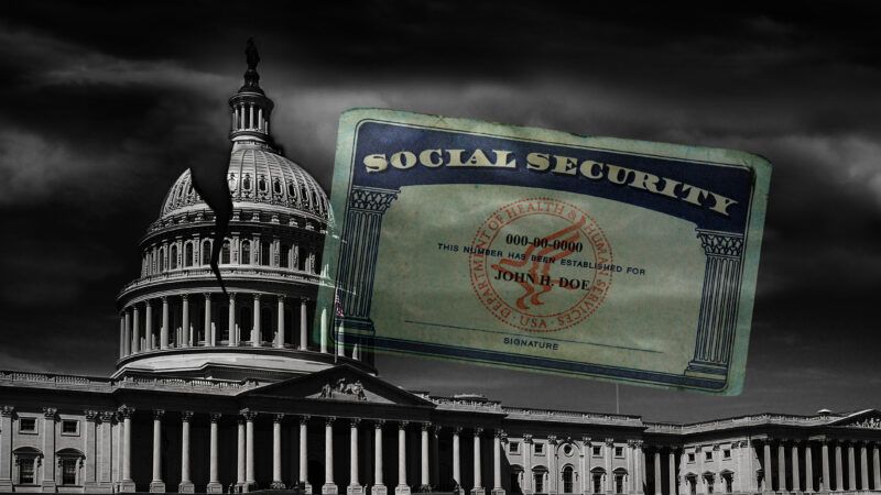 Artistic portrayal of a fractured capitol building with a Social Security card in the foreground