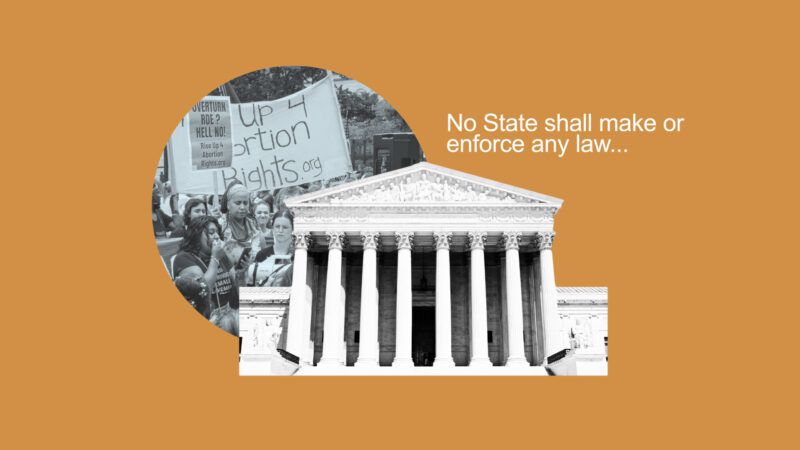 US Image of the United States Supreme Court and an Abortion Protest sign overlaid on an orange background with text