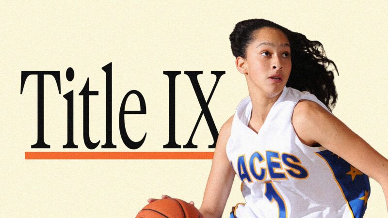 Girl dribbling a basketball in front of the words Title IX