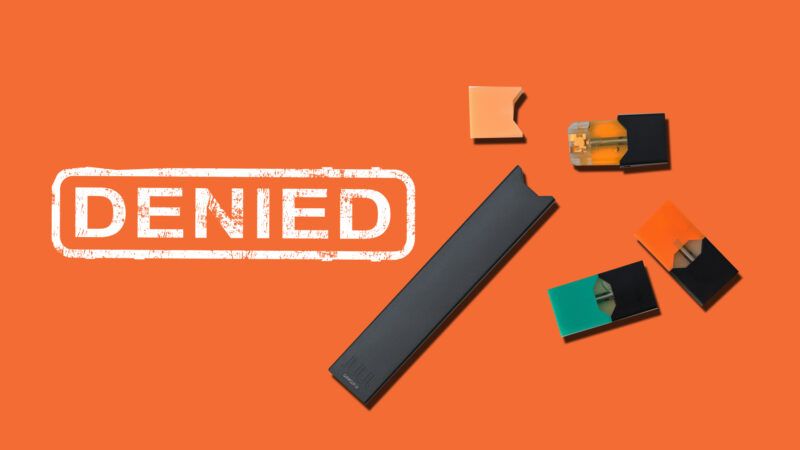 Juul vape and cartridges with the word DENIED stamped next to them