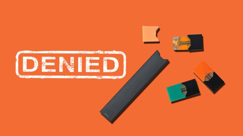 Juul vape and cartridges with the word DENIED stamped next to them | Illustration: Lex Villena; Steveheap | Dreamstime.com