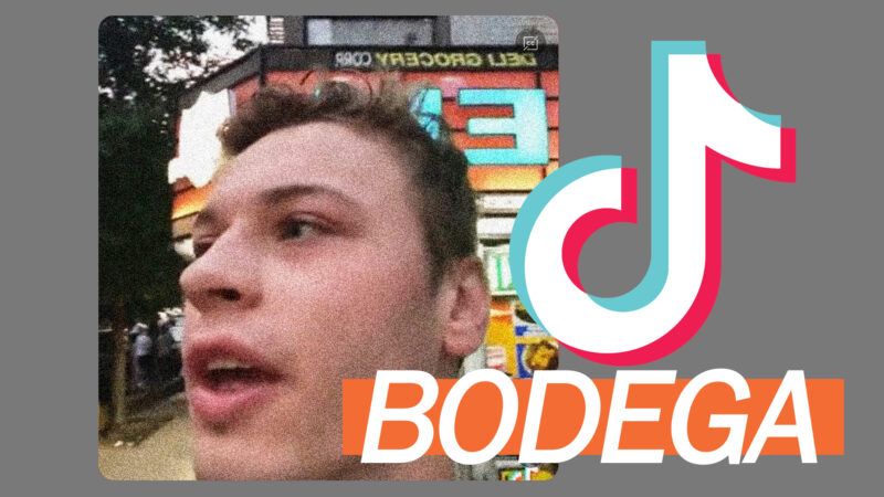 screen capture from a TikTok video, TikTok logo, and the word bodega layered on a gray background