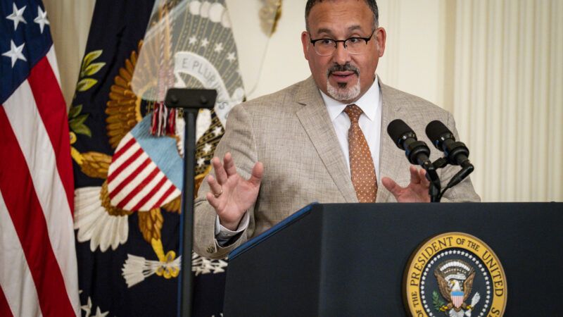 Education Secretary Miguel Cardona speaking at a press conference | Sipa USA/Pete Marovich/SIPA USA/Newscom