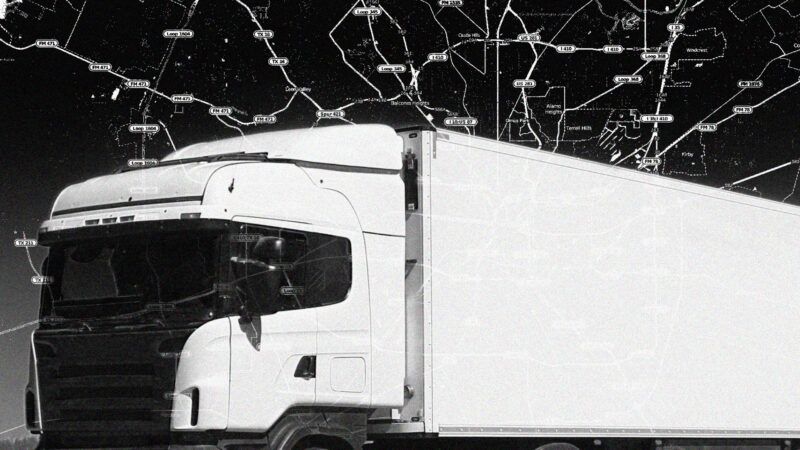 A tractor-trailer against a map of San Antonio, Texas | Illustration: Lex Villena; Mikhail Rudnitckii