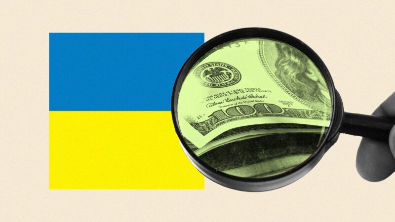 A magnifying glass examining money over a Ukrainian flag