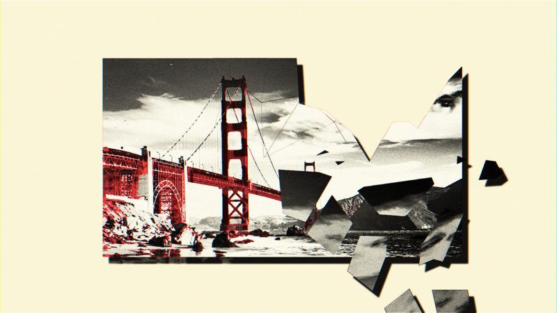 San Francisco Golden Gate Bridge crumbling photo on a yellow background | Illustration: Lex Villena