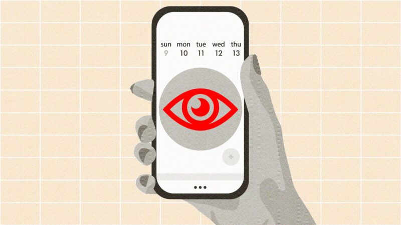 Illustration of someone holding a smartphone with a red eye watching them