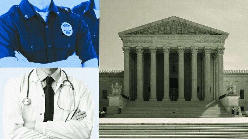 Composite image with a generic policeman in the top left corner, generic doctor in the bottom left corner, and a black and white photo of the Supreme Court building on the right.