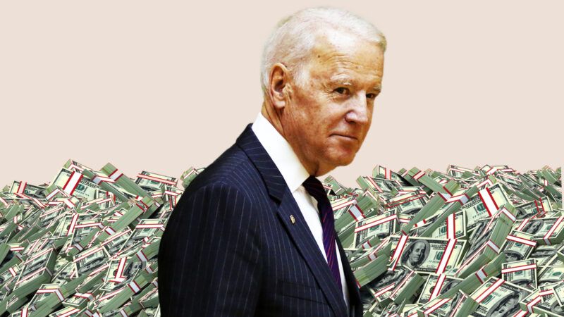 Candid of Joe Biden overlaid on stacks of money on a tan background