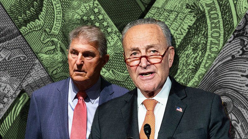 Photos of Joe Manchin and Chuck Schumer overlaid over images of money