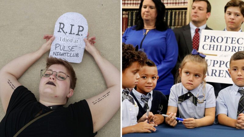 Split image: Left side is someone at an anti-gun "die-in" protest, right side is children at a political event in front of a sign that says "protect children."