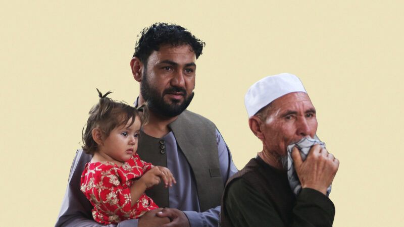 Afghan refugee family in tears in front of a yellow background