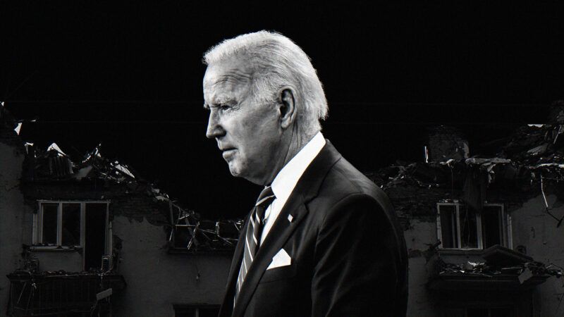 Black and white photo of President Joe Biden against scene in Ukraine