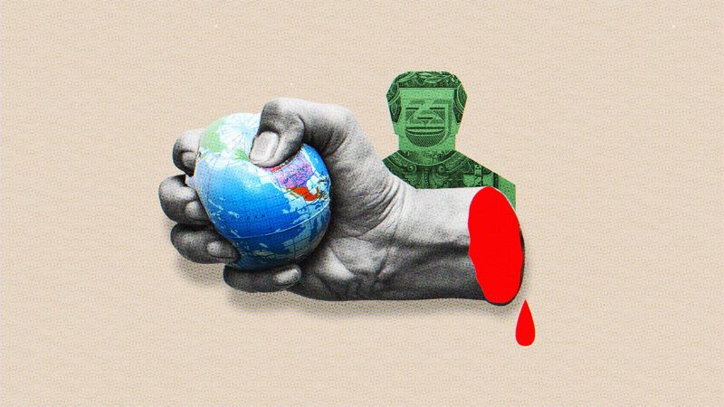 images of a globe, a cut off hand, and a man folded out of money overlaid on tan background | Illustration: Lex Villena; Sirirak Kaewgorn | Dreamstime.com