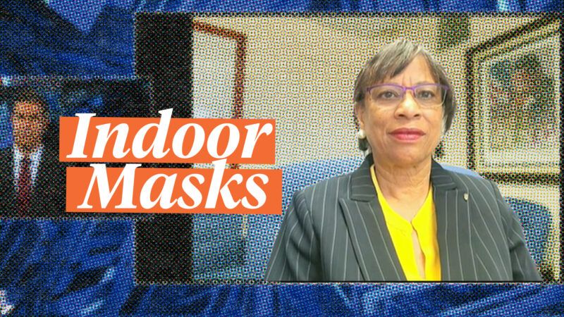 News broadcast still of Sharon Whitehurst with the words 'indoor masks' overlaid